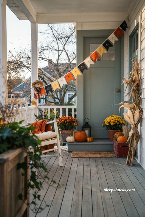 Colorful trick or treat Halloween bunting with pumpkins on a cozy front porch 