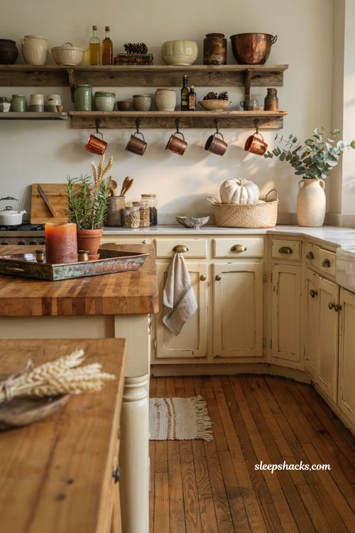 Copper accents farmhouse fall decor ideas with warm kitchen styling and rustic autumn details