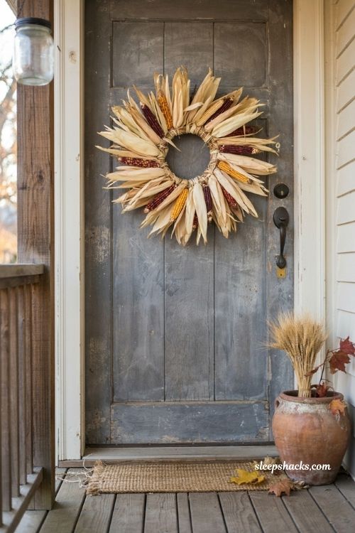 Corn husk and dried Indian corn wreath for rustic vintage fall decor