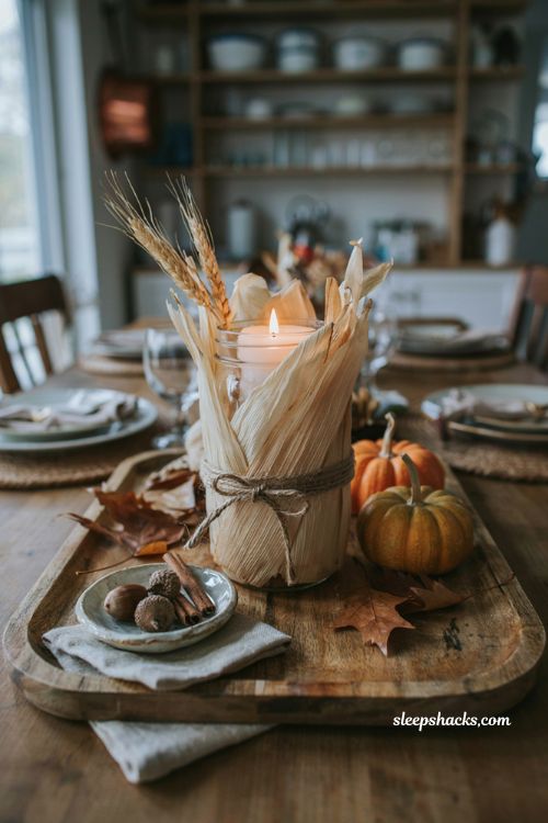 Corn husk wrapped mason jar candle with rustic Thanksgiving table decor