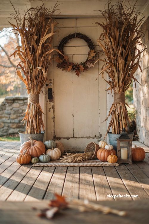 Corn stalk fall entryway decor with pumpkins jute twine and rustic farmhouse porch accents