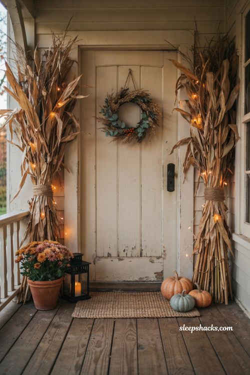 Corn stalks flanking the door for small porch halloween decor