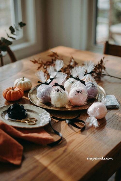 Cotton candy spider favors with black ribbon for a fun Halloween party