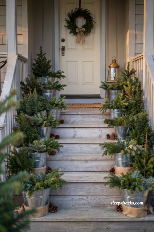 Country christmas porch steps lined with galvanized buckets filled with evergreen trees