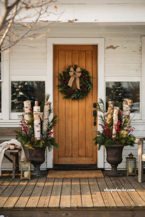 Country christmas porch with birch log urns and evergreen farmhouse holiday decor