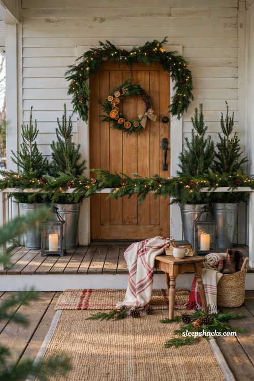 Country christmas porch with farmhouse coir doormat and rustic holiday entry decor