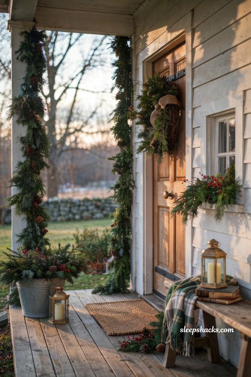 Country christmas porch with fresh evergreen garlands and timeless farmhouse holiday decor