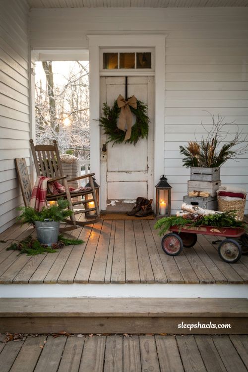 Country christmas porch with rustic farmhouse holiday decor and vintage christmas accents