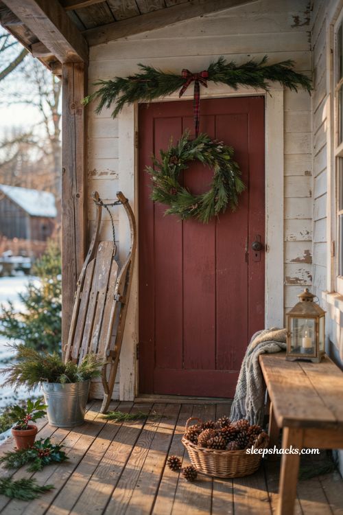 Country christmas porch with vintage wooden sled and rustic farmhouse holiday decor