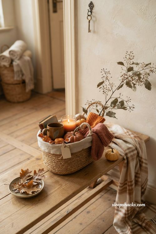 Cozy Halloween boo basket with seasonal mug candle socks book and candy 