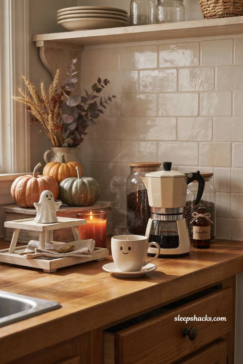 Cozy Halloween coffee bar with pumpkin mugs seasonal syrup and mini pumpkins 