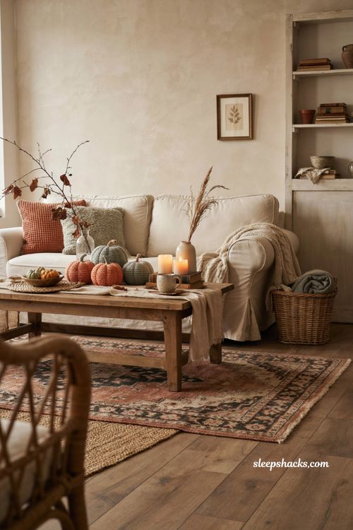 Cozy Halloween decor with crocheted pumpkins chunky blankets linen and woven baskets