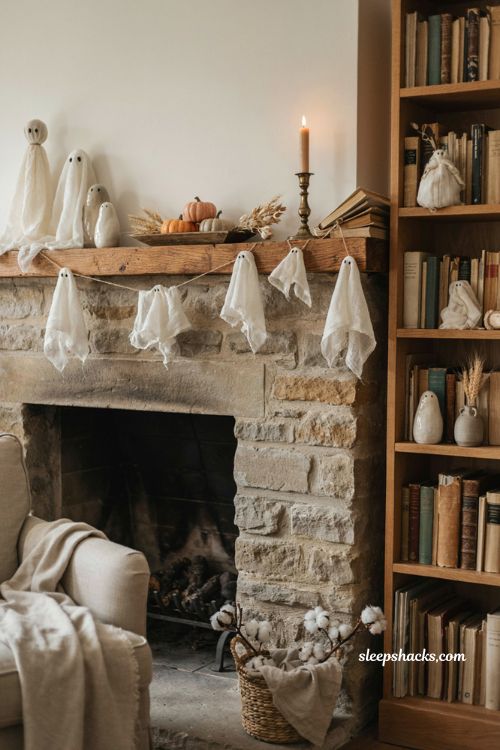Cozy Halloween decor with friendly ghost figurines fabric ghosts and pumpkins 