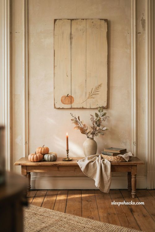 Cozy Halloween decor with handmade wood sign pumpkins and farmhouse entryway accents 