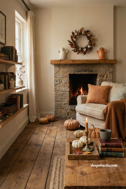 Cozy Halloween decor with pumpkins candles friendly ghosts and warm autumn accents 