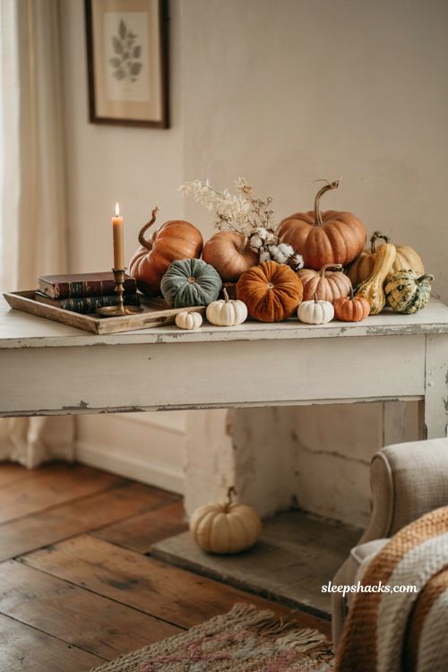 Cozy Halloween decor with pumpkins in orange white sage and dusty pink 