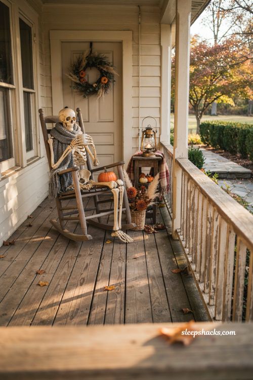 Cozy Halloween decor with quirky skeleton on porch rocking chair and pumpkins 