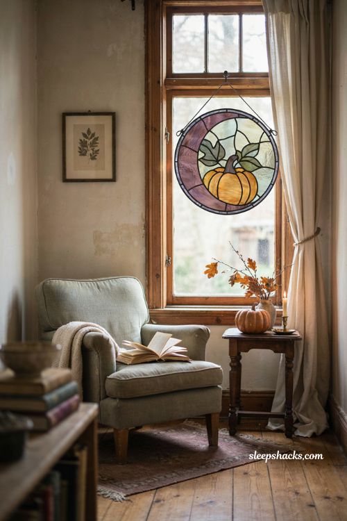 Cozy Halloween decor with stained glass pumpkin crescent moon window art 