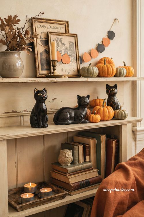 Cozy Halloween decor with vintage black cat figurines pumpkins and autumn mantel accents 