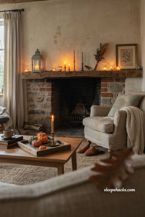 Cozy Halloween decor with warm candlelight vintage lanterns pumpkins and brass holders 