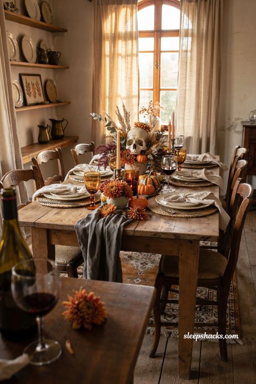 Cozy Halloween dining table decor with skull centerpiece warm mums candles and rustic textures