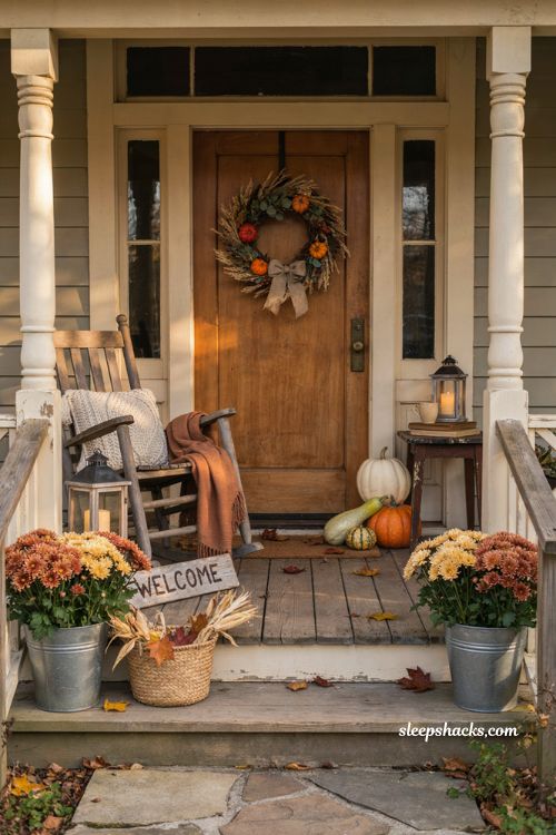Cozy Halloween front porch decor with pumpkins mums lanterns and autumn wreath 