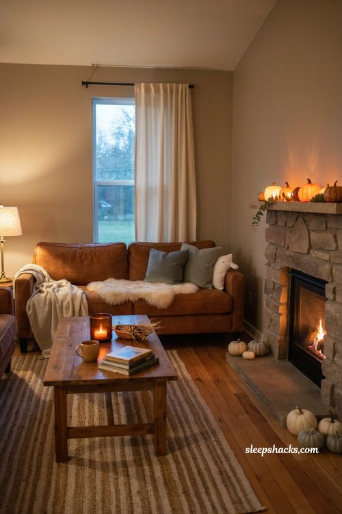 Cozy Halloween living room decor with chunky knit throws, ghost pillows, pumpkin lanterns, and fireplace 