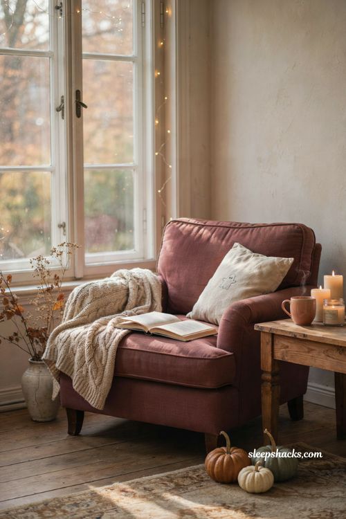 Cozy Halloween reading nook with chunky blanket ghost pillow candles and pumpkins 