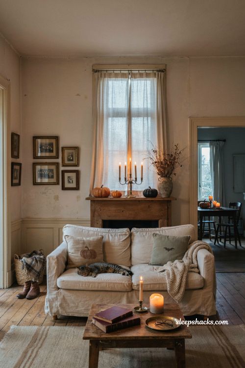 Cozy Halloween room decor with pumpkins candles and warm living room accents