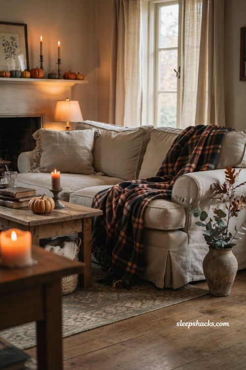 Cozy Halloween throw blanket on sofa with warm autumn living room decor