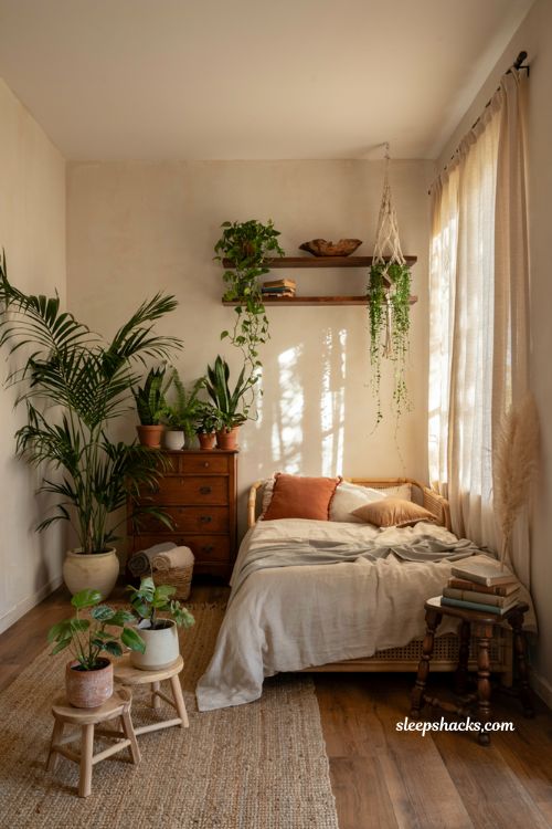 Cozy bohemian bedroom filled with lush indoor plants and natural textures