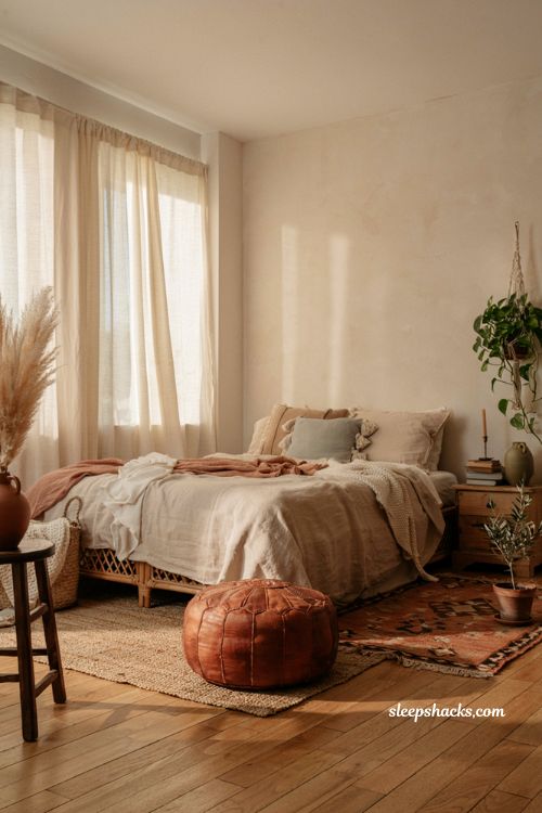 Cozy bohemian bedroom with Moroccan leather pouf and layered natural textures