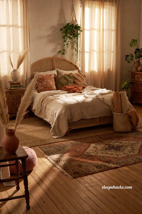 Cozy bohemian bedroom with layered patterns earthy colors and woven textures