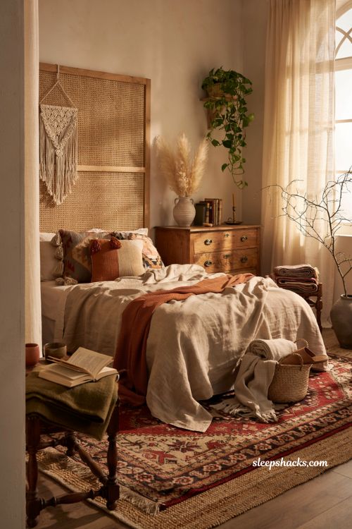 Cozy bohemian bedroom with layered textures woven decor and warm earthy tones