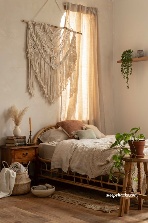 Cozy bohemian bedroom with oversized macrame wall hanging above rattan bed