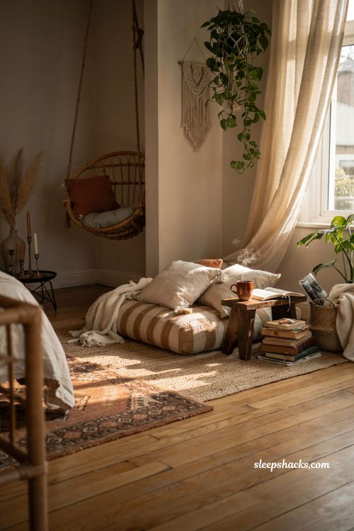 Cozy bohemian bedroom with reading nook floor cushions and hanging chair