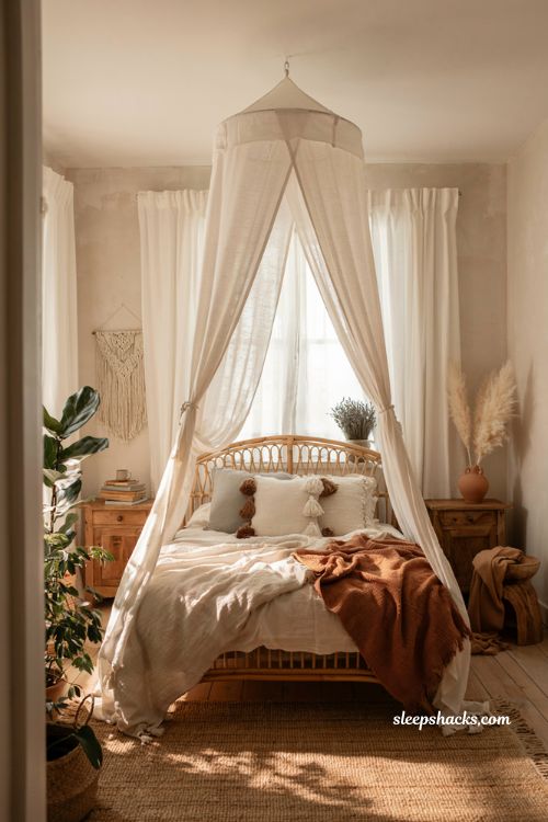 Cozy bohemian bedroom with sheer canopy over a woven rattan bed