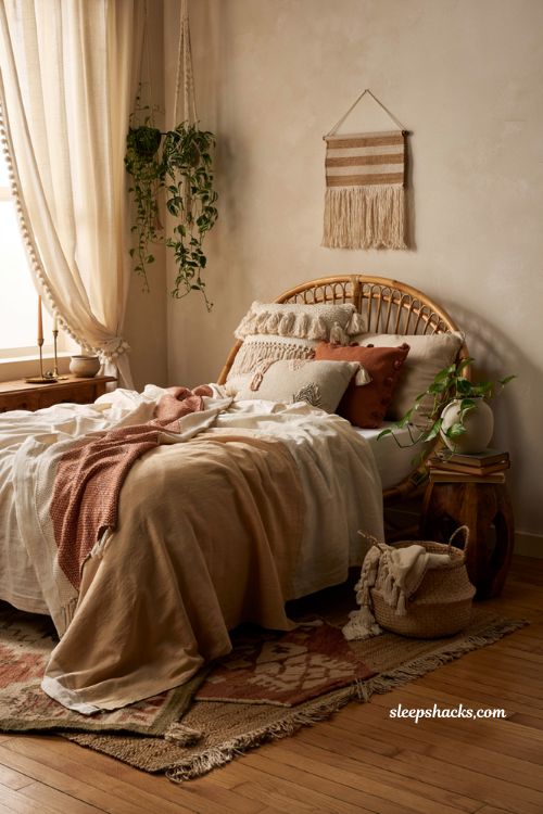 Cozy bohemian bedroom with tasseled pillows fringe decor and layered textures