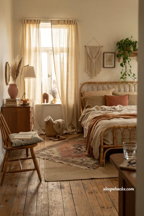 Cozy bohemian bedroom with vintage thrifted furniture and layered natural decor