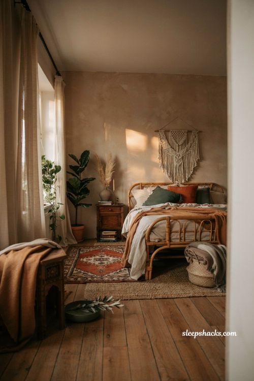 Cozy bohemian bedroom with warm earth tone colors and natural textures