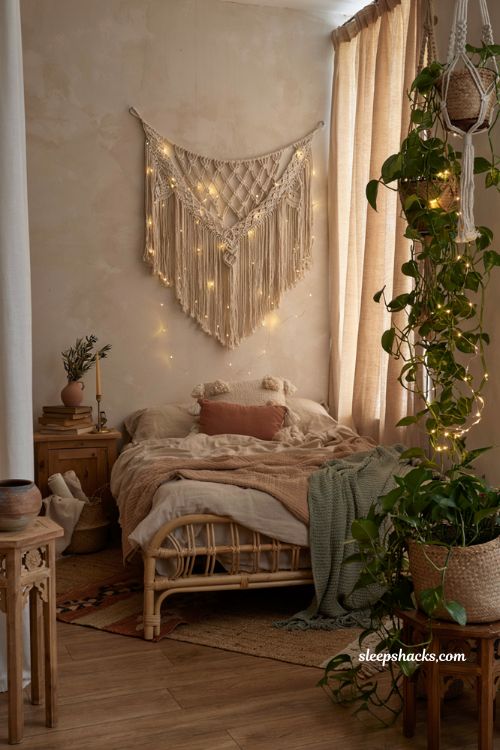 Cozy bohemian bedroom with warm fairy lights and layered natural decor