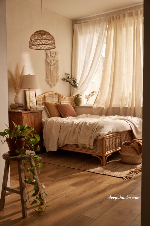 Cozy bohemian bedroom with woven rattan bed frame and neutral linen bedding