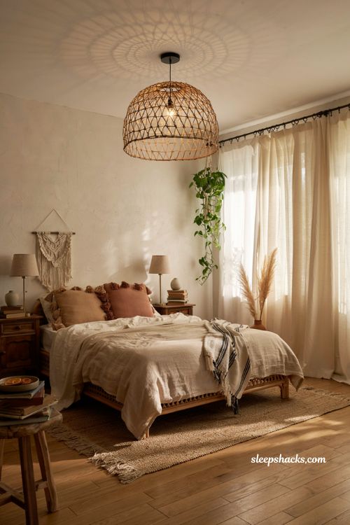Cozy bohemian bedroom with woven rattan pendant light and layered natural textures