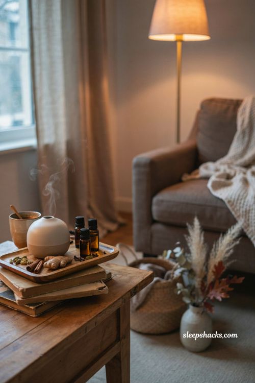 Cozy chai fall diffuser blend with clove cinnamon cardamom ginger and warm living room decor