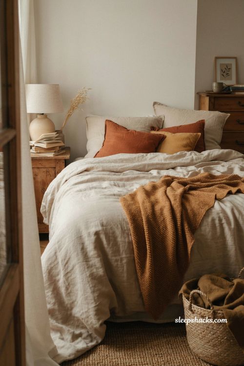 Cozy fall bedroom with layered bedding knit throw rust pillows and warm autumn decor 