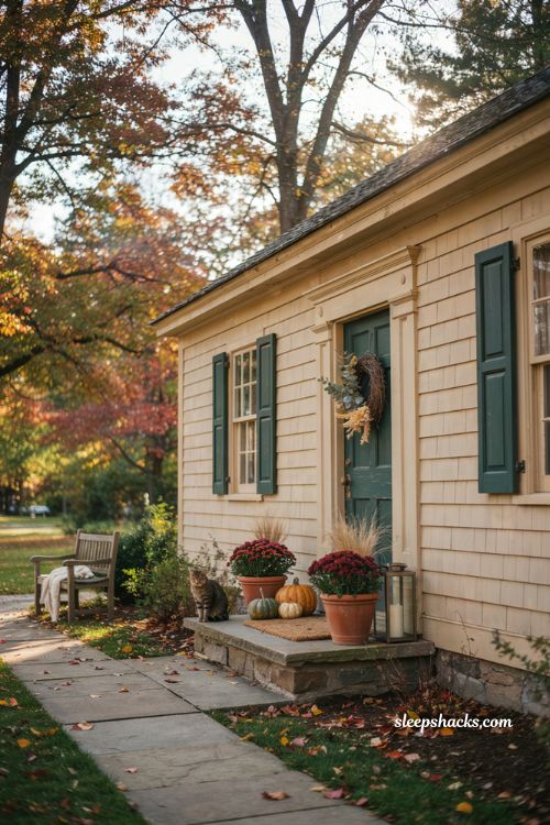 Cozy fall cottage exterior with forest green door terracotta shutters pumpkins and autumn leaves