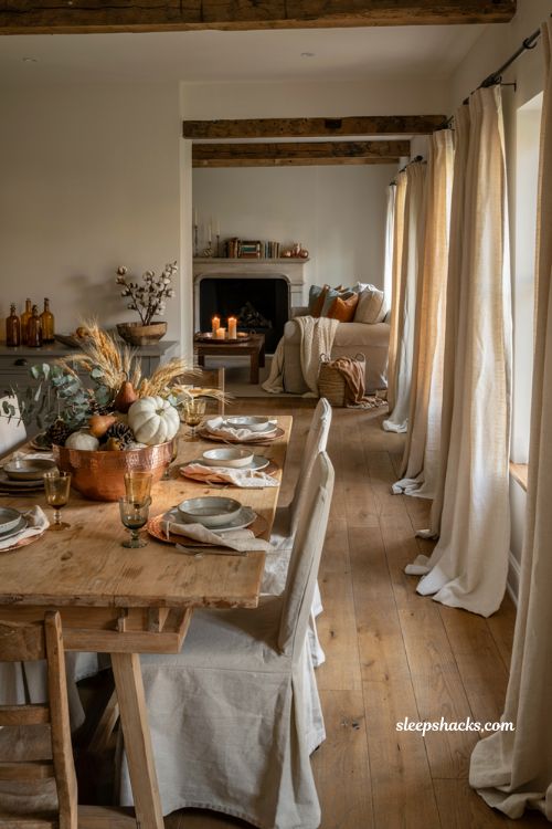 Cozy fall decor ideas with copper and gold accents for farmhouse dining and living rooms