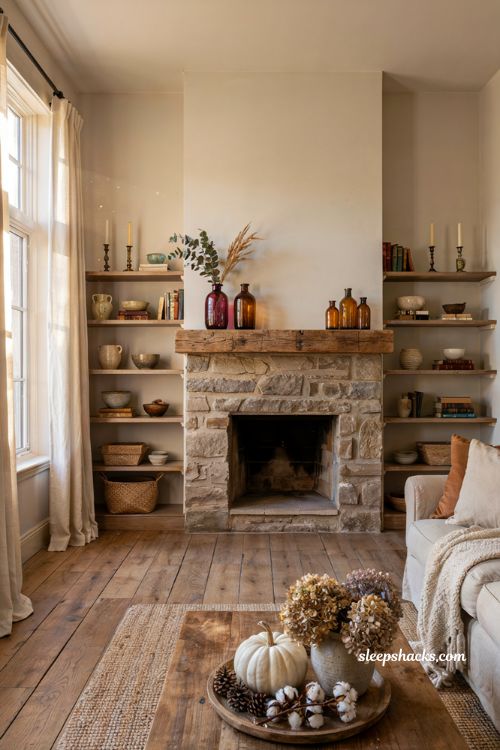 Cozy fall decor ideas with vintage amber glass cranberry glass and farmhouse styling