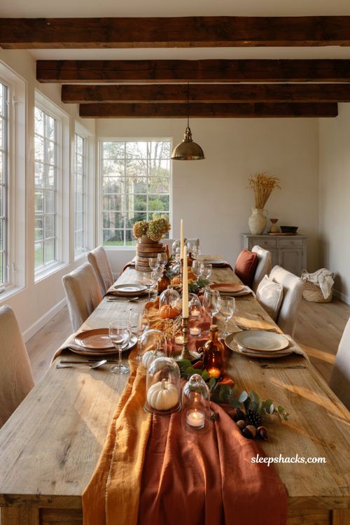Cozy fall dining table decor ideas with rust runner candles and farmhouse centerpiece