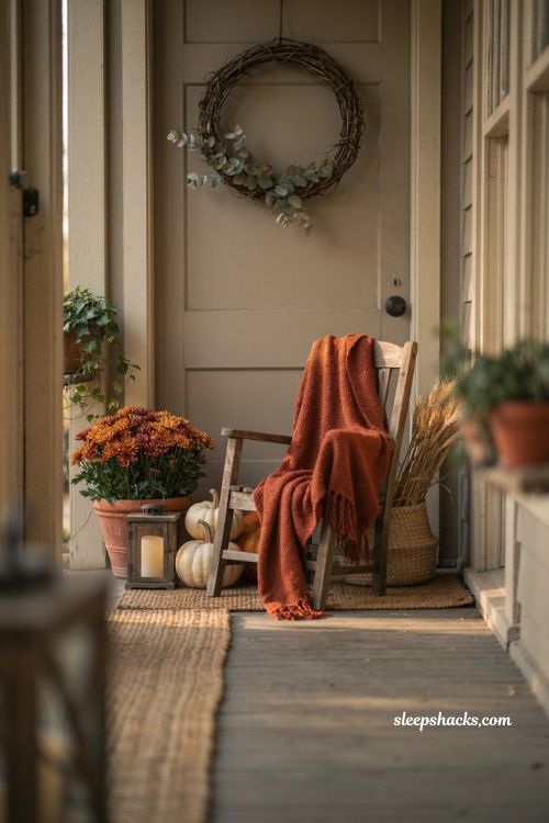 Cozy fall entryway chair with rust chunky knit throw blanket pumpkins and mums